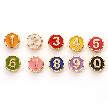 Alloy Enamel Beads, Flat Round, Number 0~9, Cadmium Free & Lead Free, Light Gold, Mixed Color, 8x3.5mm, Hole: 1.5mm, about 10pcs/set.