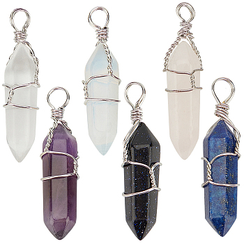 Faceted Bullet Gemstone Pointed Pendants, Wire Wrapped Pendants, with Platinum Plated Brass Wire, 38~42x8~9mm, Hole: 3~6mm, 6 materals, 1pc/materal, 6pcs/box