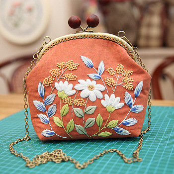 DIY Wood Bead Kiss Lock Coin Purse Embroidery Kit, Including Embroidered Fabric, Embroidery Needles & Thread, Metal Purse Handle, Flower Pattern, Orange, 210x165x40mm