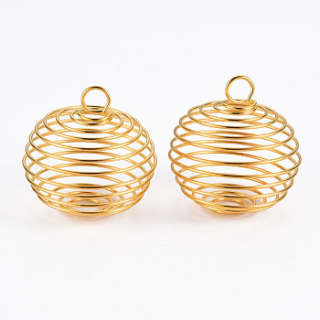 Iron Wire Pendants, Spiral Bead Cage Pendants, Round, Golden, 35x30mm, Hole: 5mm