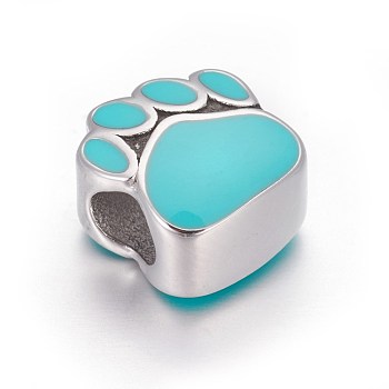 304 Stainless Steel European Beads, with Enamel, Large Hole Beads, Dog Paw Prints, Stainless Steel Color, Cyan, 10.5x10x7mm, Hole: 4.5mm