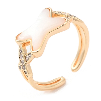 Natural Shell Criss Cross Open Cuff Ring with Cubic Zirconia, Brass Ring for Women, Real 18K Gold Plated, Inner Diameter: 16.8mm