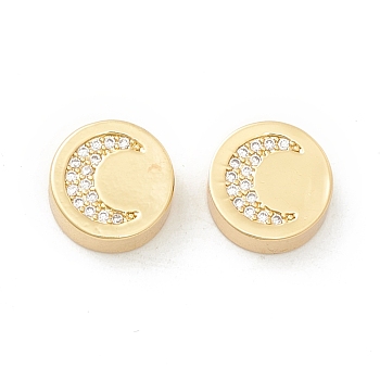 Rack Plating Eco-Friendly Brass Beads, Micro Pave Clear Cubic Zirconia, Long-Lasting Plated, Cadmium Free & Lead Free, Flat Round with Moon, Real 18K Gold Plated, 11x5.1mm, Hole: 2.1mm