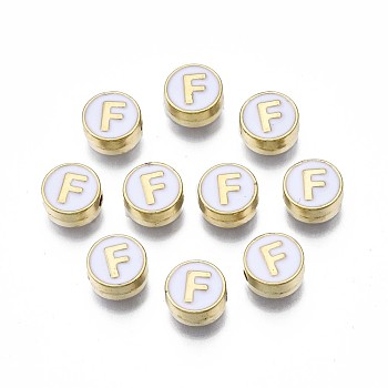 Alloy Enamel Beads, Cadmium Free & Lead Free, Light Gold, Flat Round with Alphabet, White, Letter.F, 8x4mm, Hole: 1.5mm