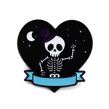 Halloween Theme Black Alloy Brooches, Enamel Pins, Heart, 31x32x1.5mm