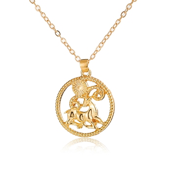 Alloy Flat Round with Constellation Pendant Necklaces, Cable Chain Necklace for Women, Aries, Pendant: 2.2cm