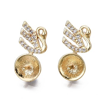 Brass Micro Pave Clear Cubic Zirconia Stud Earring Findings, for Half Drilled Bead, Swan, Real 18K Gold Plated, 15x8mm, Pin: 0.7mm, pin: 1.0mm(for Half Drilled Bead).