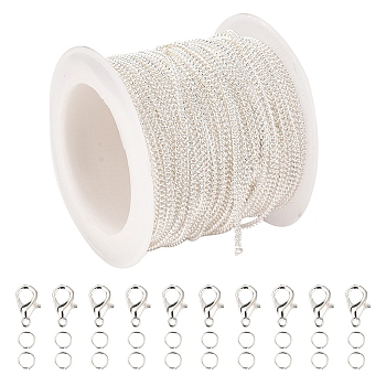 DIY Curb Chain Necklace Making Kits, Including 10m Brass Chains, 20 Pcs Zinc Alloy Lobster Claw Clasps and 50 Pcs Brass Jump Rings, Silver, 2x1.5x0.3mm