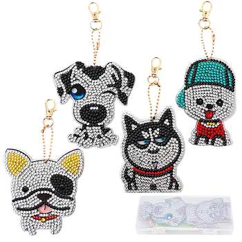 1 Set DIY Dog Keychain 5D Diamond Painting Kit, including 1Pc Glue Clay, 1Pc Tray Plate, 1Pc Sticky Pen, 5Pcs Swivel Clasps, 5Pcs Tag Chains, 4Pcs Frame Pendants, 10 Bags Rhinestones, Mixed Color, 4~94x3~86x1~5mm