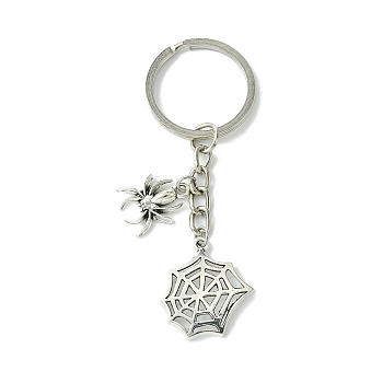 Tibetan Style Alloy Pendants Keychain, with Iron Split Key Rings, Spider Web, Antique Silver & Platinum, 8cm, 10pcs/set.