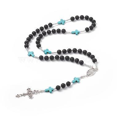 Natural Lava Rock & Synthetic Green Turquoise Rosary Bead Necklace(NJEW-TA00041-02)-2
