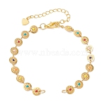 304 Stainless Steel Enamel Colorful Flat Round with Flower Link Chain Bracelet Making, with Zinc Alloy Lobster Claw Clasps, Real 18K Gold Plated, 6.69 inch(17cm)(AJEW-JB01599)