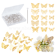 CHGCRAFT 60Pcs 5 Style 3D Hollow Butterfly Mirrors Wall Paper Stickers, with 100Pcs Stainless Steel Head Pins, for Home Living Room Decoration, Gold, Stickers: 50~75x80~120x0.2mm, 12Pcs/style, Pins: 52.5mm(FIND-CA0005-41)