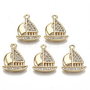 Brass Micro Pave Clear Cubic Zirconia Pendants, Nickel Free, Sailing Boat, Real 18K Gold Plated, 17x14.5x2.5mm, Hole: 1.5mm(RJEW-T063-48G-NF)