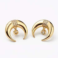 Brass Micro Pave Clear Cubic Zirconia Stud Earrings, with Ear Nuts, Double Horn/Crescent Moon, Golden, 18.5x20mm, Pin: 0.6mm(EJEW-L234-044G)