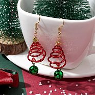 Aluminum Wire Wrapped Christmas Tree Dangle Earrings, Brass Bell Earrings for Women, FireBrick, 66x17~19mm(EJEW-JE05829-02)