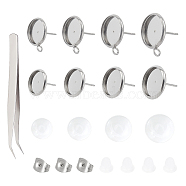 Unicraftale Flat Round 202 Stainless Steel Stud Earring Settings, with 304 Stainless Steel Pins and Loop, with Glass Cabochons, Plastic Ear Nuts and 304 Stainless Steel Beading Tweezers, Stainless Steel Color, 360pcs/box(STAS-UN0005-08P)