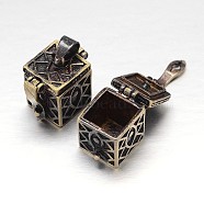 Carved Cuboid Rack Plating Brass Prayer Box Pendants, Wish Box, Nickel Free, Antique Bronze, 17x11x17mm, Hole: 5x3mm(KK-L101-28AB-NF)