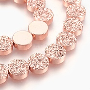 Electroplated Non-magnetic Synthetic Hematite Beads Strands, Textured Flat Round, Rose Gold Plated, 10x4mm, Hole: 1mm, about 40pcs/strand, 15.94 inch(40.5cm)(G-E498-22A)