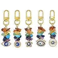 Mixed Gemstone Chip Beaded Pendant Decorations, Evil Eye Alloy Rhinestone and Alloy Swivel Clasps Charms Hanging Ornaments, Mixed Shapes, Golden, 7.5~8.2cm(HJEW-JM01236)