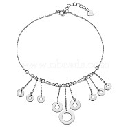 Rhodium Plated 925 Sterling Silver Donut Charm Anklet with Curved Tube Beads, Long Chain Tessel Charm Jewelry for Women Summer Beach Gift, Platinum, 8-1/4 inch(21cm)(JA192A)