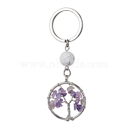 Natural Amethyst & Howlite  Chips Flat Round with Tree of Life Kcychain, with 304 Stainless Steel Findings, 8cm(KEYC-JKC00563-04)