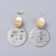 Epoxy Resin Dangle Earrings, with Brass Ear Stud Findings and Ear Nuts, Flat Round, Real 18K Gold Plated, Clear, 59mm, Pin: 0.7mm(EJEW-JE03437)