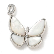 Brass Micro Pave Clear Cubic Zirconia Pendants, with white Shell, Butterfly Charms, Real Platinum Plated, 27.5x26x5.5mm, Hole: 4x3mm(KK-L211-020P-02)