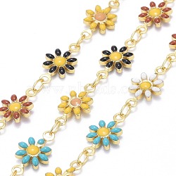 Handmade Brass Enamel Link Chains, with Spool, Soldered, Long-Lasting Plated, Golden, Daisy, Colorful, 12.5x7.5x2mm, about 32.8 Feet(10m)/roll(CHC-I035-13G-01)