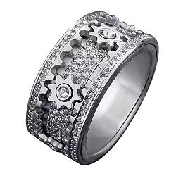 Gear Brass Micro Pave Clear Cubic Zirconia Rotatable Finger Rings, for Calming Worry Meditation, Platinum, US Size 8(18.1mm)(FS-WGBD3BF-03)