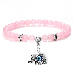 Fashion Natural Moonstone Beaded Stretch Bracelets, Elephant with Evil Eye Charms Bracelets for Women(OX9130-5)