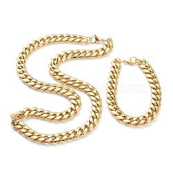 Ion Plating(IP) 304 Stainless Steel Cuban Link Chain Bracelets & Necklaces Jewelry Sets, with Lobster Claw Clasps, Golden, 23.81 inch(60.5cm), 9-1/8 inch(23cm), Link: 15x12x5mm(SJEW-B019-03D-G)