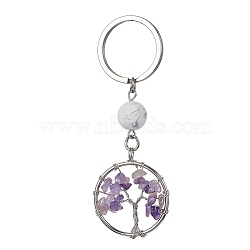 Natural Amethyst & Howlite  Chips Flat Round with Tree of Life Kcychain, with 304 Stainless Steel Findings, 8cm(KEYC-JKC00563-04)