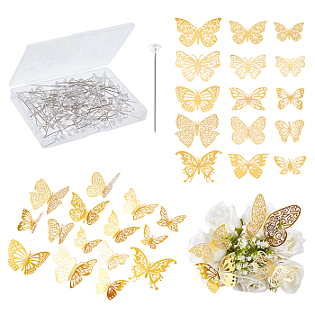 CHGCRAFT 60Pcs 5 Style 3D Hollow Butterfly Mirrors Wall Paper Stickers, with 100Pcs Stainless Steel Head Pins, for Home Living Room Decoration, Gold, Stickers: 50~75x80~120x0.2mm, 12Pcs/style, Pins: 52.5mm