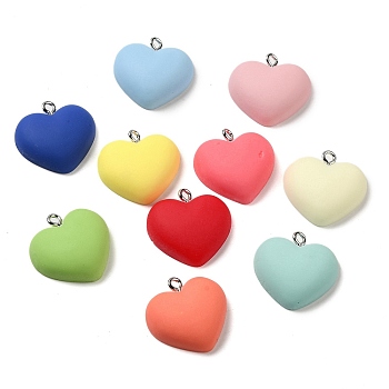 Opaque Resin Pendants, Heart Charms with Platinum Plated Iron Loops, Mixed Color, 20.5x21x6.5mm, Hole: 2mm