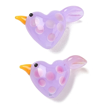 Handmade Lampwork Beads, Heart with Bird & Polka Dot, Lilac, 16x27.5x10.5mm, Hole: 1.2mm