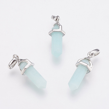 Brass Natural Amazonite Double Terminated Pointed Pendants, Bullet, Platinum, 17~20x7x6.5mm, Hole: 2x4mm