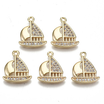 Brass Micro Pave Clear Cubic Zirconia Pendants, Nickel Free, Sailing Boat, Real 18K Gold Plated, 17x14.5x2.5mm, Hole: 1.5mm
