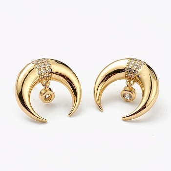 Brass Micro Pave Clear Cubic Zirconia Stud Earrings, with Ear Nuts, Double Horn/Crescent Moon, Golden, 18.5x20mm, Pin: 0.6mm