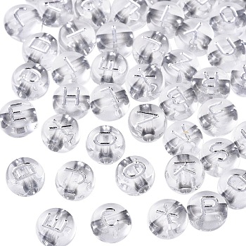 Transparent Acrylic Beads, Metal Enlaced, Flat Round with White Random Letter, Clear, 7x4mm, Hole: 1.8mm, about 1460pcs/200g