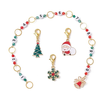 4Pcs Christmas Theme Knitting Row Counter Chains & Locking Stitch Markers Kits, with Snowflake Santa Claus Bell Alloy Enamel Pendant, Mixed Color, 3.85~30.3cm