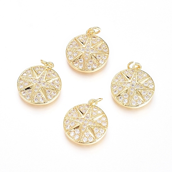 Brass Micro Pave Cubic Zirconia Pendants, with Jump Ring, Long-Lasting Plated, Flat Round with Star, Clear, Real 18K Gold Plated, 19.5x16.5x3mm, Hole: 3.5mm