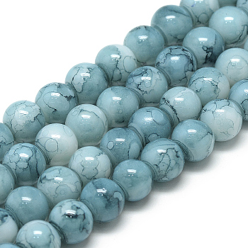 Baking Painted Glass Beads Strands, Swirl Glass Beads, Round, Sky Blue, 8~8.5mm, Hole: 1.5mm, about 100~105pcs/strand, 31.8 inch(80.7cm)