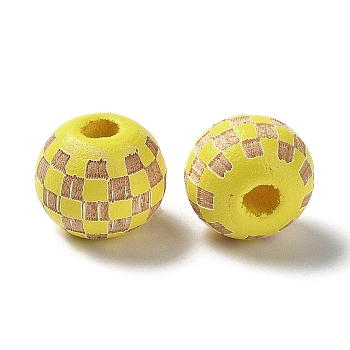 Wood Laser Engraved Tartan Beads, Round, Dyed, for DIY Craft, Yellow, 9.5~10x8.5mm, Hole: 3mm