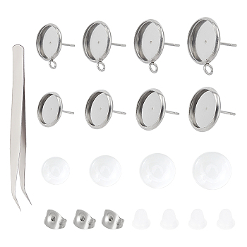 Unicraftale Flat Round 202 Stainless Steel Stud Earring Settings, with 304 Stainless Steel Pins and Loop, with Glass Cabochons, Plastic Ear Nuts and 304 Stainless Steel Beading Tweezers, Stainless Steel Color, 360pcs/box