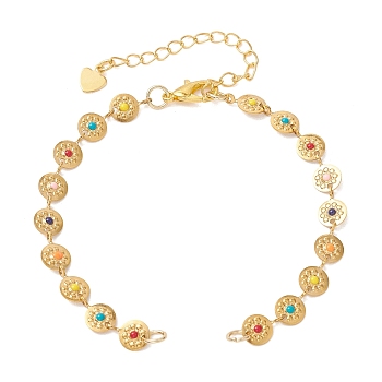 304 Stainless Steel Enamel Colorful Flat Round with Flower Link Chain Bracelet Making, with Zinc Alloy Lobster Claw Clasps, Real 18K Gold Plated, 6.69 inch(17cm)