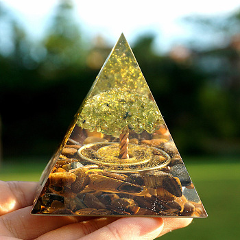 Resin Orgonite Pyramid Home Display Decorations, with Natural Gemstone Chips, Gold, 60x60x60mm
