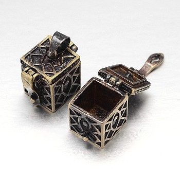 Carved Cuboid Rack Plating Brass Prayer Box Pendants, Wish Box, Nickel Free, Antique Bronze, 17x11x17mm, Hole: 5x3mm