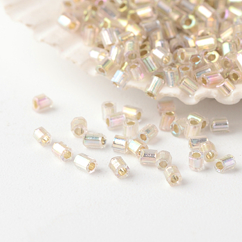 15/0 Grade A Glass Seed Beads, Hexagon(Two Cut), Silver Lined, Clear, 1~2mmx1~1.5mm, Hole: 0.5mm, about 100000pcs/pound