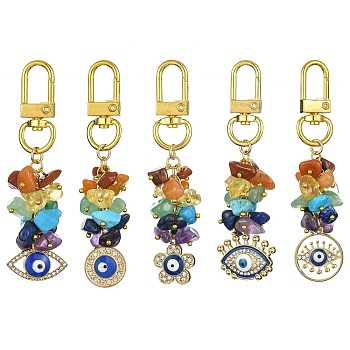 Mixed Gemstone Chip Beaded Pendant Decorations, Evil Eye Alloy Rhinestone and Alloy Swivel Clasps Charms Hanging Ornaments, Mixed Shapes, Golden, 7.5~8.2cm